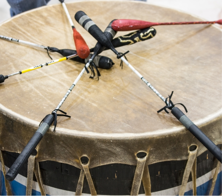 a drum with traditional tribal adornments 